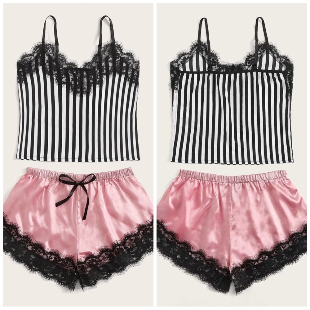 New Striped Satin Silk-Like Lace Pajama Set - Picture 2 of 5